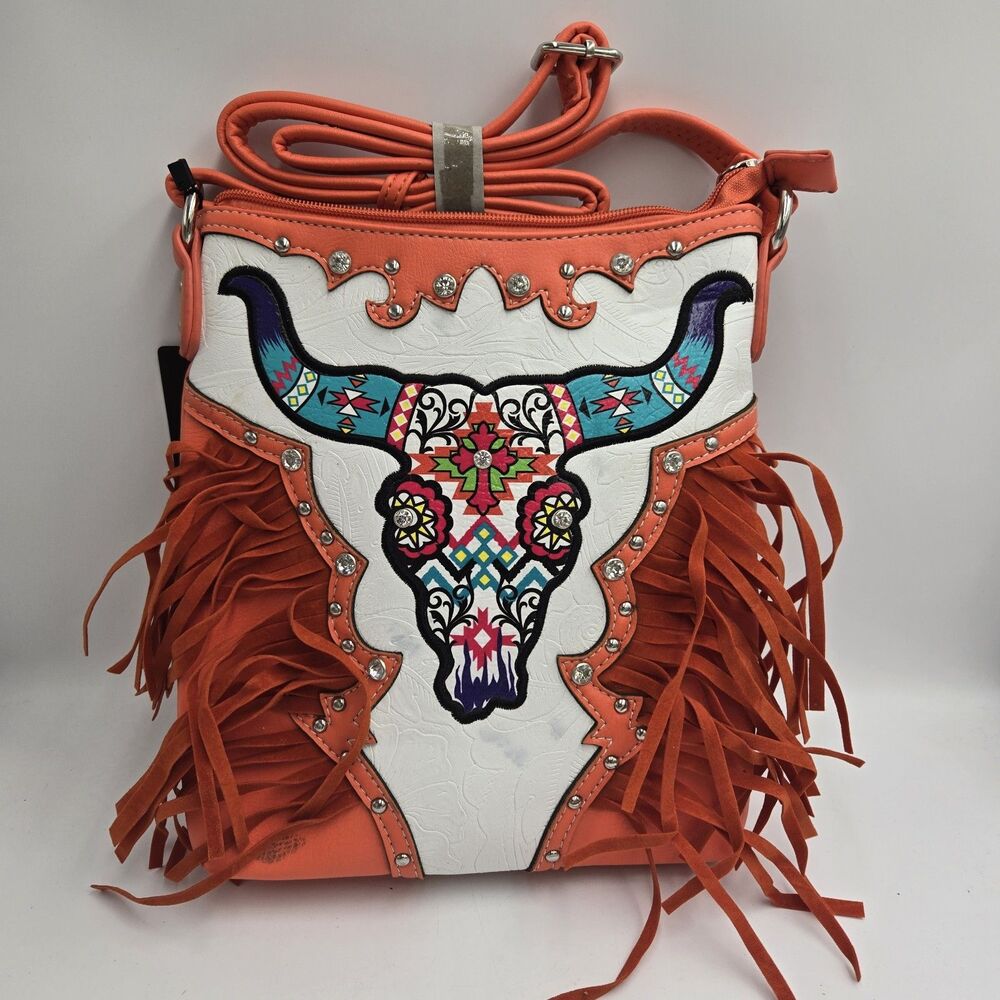 Cowgirl Trendy Western Longhorn Skull Fringe Crossbody Rhinestone Rodeo Bag NWT